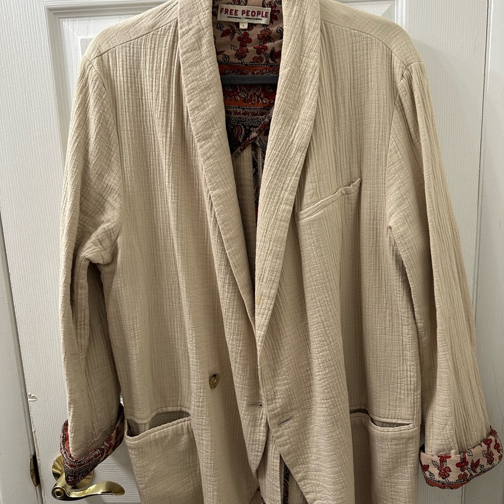 Free People Cream Textured Jacket with Patterned Accents